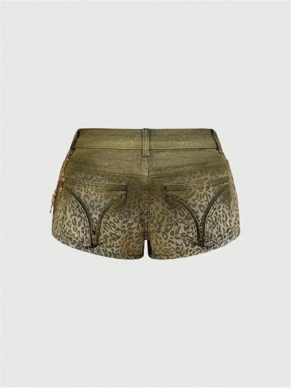 Leopard Print Denim Mini Shorts for Women | Low Rise Y2K Style with Chain Detail
